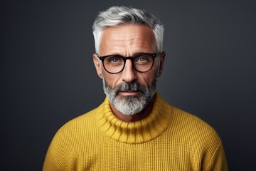 Senior man in glasses on grey background, mustache, beard - obrazy, fototapety, plakaty
