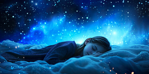 Girl sleeps among stars sky. Blue sky background