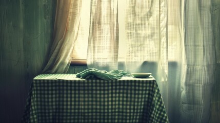 Our image features a green checkered kitchen towel on a table above a curtain background-a stylish portrayal of kitchen decor, textile design, and the art of table setting