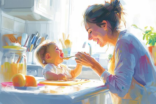 illustration of a mother helping her child to brush teeth