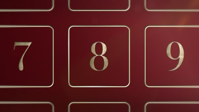 Red door number8 eight opening calendar reveal, updateable green screen revealing transition sting, 3D gold xmas festive golden numbered doors shiny video, Christmas Advent Calendar animation