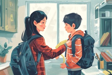 Obraz premium illustration of a mother and her child getting ready to go on a trip carrying backpack