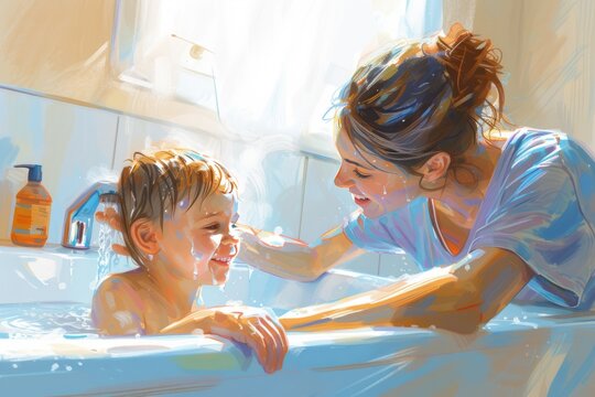 illustration of a mother giving her baby a bath