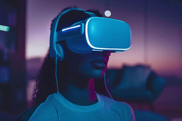 A woman wearing virtual reality goggles in dark, neon light