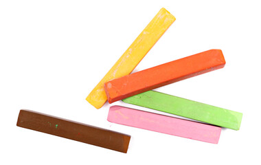 Colorful chalks isolated on white background, top view
