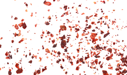 Close up ground sumac spice, pile isolated on white, top view, macro