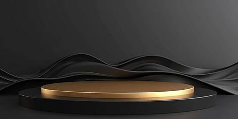 Gold podium with black wave on black background