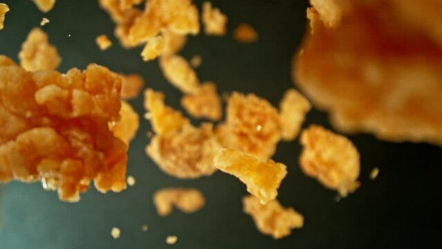 Super Slow Motion of Flying Fried Chicken Piecers on Black Background. Camera Makes Rotation Move. Filmed on High Speed Cinema Camera, 1000fps.
