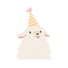 Cute fluffy white dog wearing party hat isolated on white background. Concept of party, celebration, happiness, birthday, pet, festive. Flat vector illustration cartoon character.