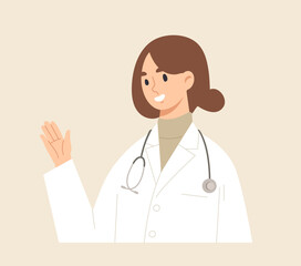 Fototapeta premium Young cheerful doctor raise her hand to point or suggest. Concept of health care, treatment, hospital, medical consultation, communication, advice, information. Flat vector illustration character.