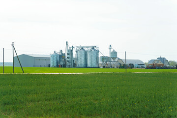 Modern Grain Silos And Storage Buildings On A Rural Farmland During Springtime