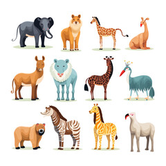 Collection of zoo animals. Set of capybara, flamingo, lion, elephant, giraffe, cheetah, bear, tiger, rhino, hippo, penguin, seal, parrot, goat, lama. Isolated on white background. Vector illustration