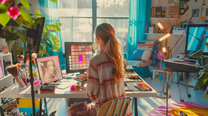A blogger creating content for their beauty channel, surrounded by colorful makeup palettes and brushes in a well-lit studio