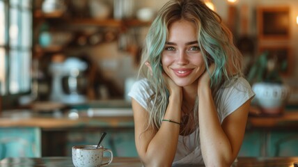Smiling woman with turquoise hair in cafe - A joyful young woman with turquoise dyed hair and a casual outfit sits in a cozy cafe setting, her hands under her chin, with a mug on the table - obrazy, fototapety, plakaty
