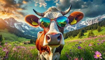 Gardinen cow with colorful sunglasses, epic nature background © creativemariolorek