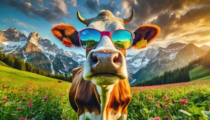 cow with colorful sunglasses, epic nature background - obrazy, fototapety, plakaty
