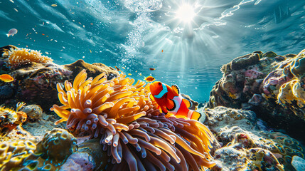 clown fish on an anemone underwater - obrazy, fototapety, plakaty