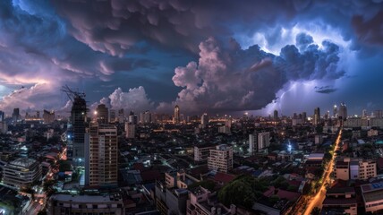 City skyline with dramatic thunderstorm and lightning - A panoramic cityscape under a turbulent sky with visible lightning strikes conveys a sense of awe and natural power