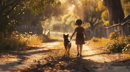 Obraz na płótnie Canvas A little girl and her dog walking down a dirt road.