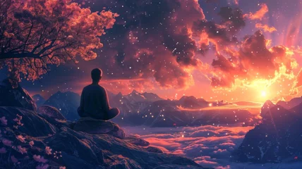 Foto op Canvas Meditative figure under a surreal sky - A person in a meditative pose overlooking a mesmerizing sunset with surreal pink clouds above peaceful mountains © Tida
