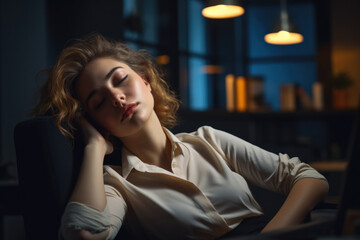 Obraz premium Overtired woman rests her head on her hand as she falls asleep at table
