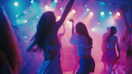Generative AI, blurred background, happy student people dancing in disco club. Nightlife concept.