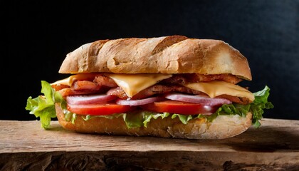 Large American sandwich on wooden board. Delicious fast food.