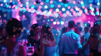 Fototapeta na wymiar Generative AI, blurred background, happy student people dancing in disco club. Nightlife concept.