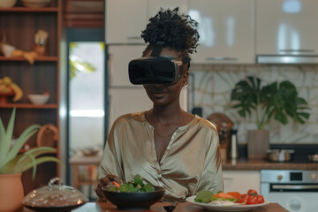 A woman wearing virtual reality goggles is cooking in a modern kitchen, the woman sees the recipe and calories of the dish through the goggles.