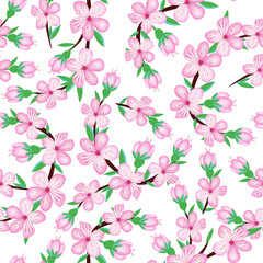 Sakura cherry blossom flower seamless pattern on light background for card , invite, fabric design, scrapbook, origami . Vector japan style spring background