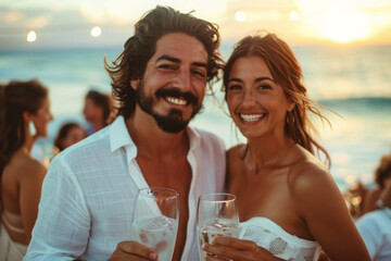 Smiling couple raises glasses in toast during beach event at sunset. Elegant man and woman toasting at a beachside banquet. Lives of rich and successful people