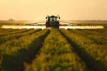 Naklejka premium Farming tractor working on agricultural countryside area, Farm machinery spraying fertilize or pesticide on cultural field for good harvest