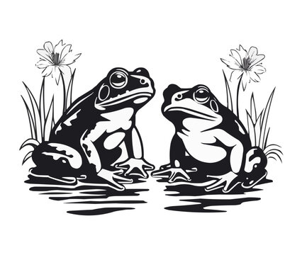 black and white frogs with flowers clip art preview