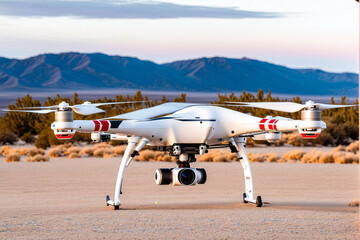 Fototapeta na wymiar Drone quadcopter with digital camera flying in the field.
