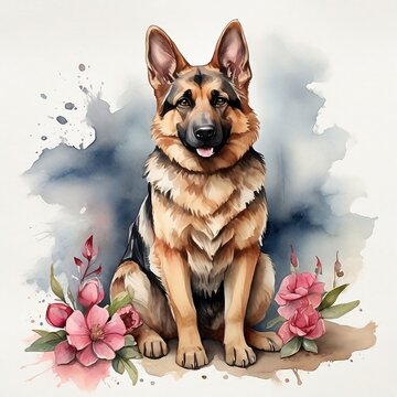 Watercolor German Shepperd Clipart, aquarela, colorfully, decoration, background, cute, dog, AI Generative