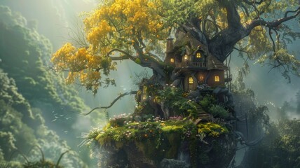 Fototapeta na wymiar Fairy-tale treehouse amidst a magical forest - A whimsical treehouse perched atop a tree in a magical, sunlit forest, creating a scene right out of a fairy tale
