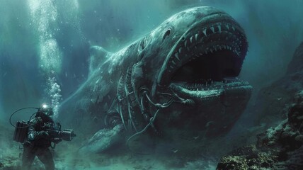 Fantastical digital art of an underwater beast - An otherworldly digital creation of a diver encountering a gigantic menacing sea creature in the ocean depths