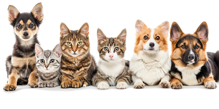 Group of cats and dogs isolated on white background