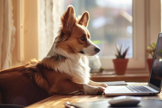 Focused Corgi dog working on a laptop - A cute Corgi dog sits attentively at a home office desk, appearing to work on an open laptop with sunlight pouring in