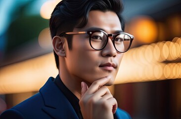 Portrait of pensive asian man in glasses on background of street light and lanterns