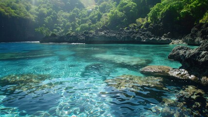 Crystal clear waters of a tropical bay - Crystal clear turquoise waters inviting viewers to a serene tropical bay surrounded by lush greenery and rock formations
