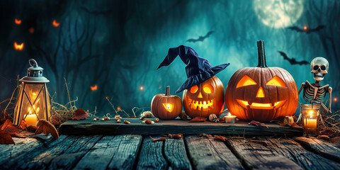 Halloween party card. Pumpkins skeleton - obrazy, fototapety, plakaty