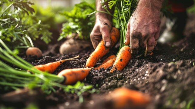 A man digs in the ground, carrots are visible in the soil. The image focuses on the hands and carrots.