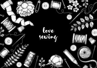 Sewing retro set. Vector hand drawn. Collection of hand drawn sewing tools. Engraved style. Sketch collection.