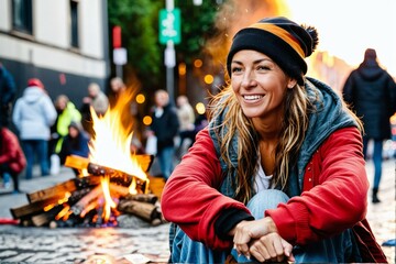 A positive woman sits outside near a campfire surrounded by other people during the protests - obrazy, fototapety, plakaty