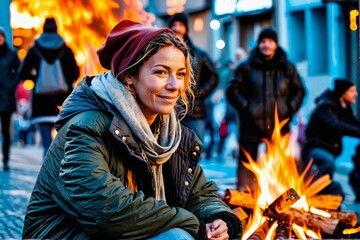 A positive woman sits outside near a campfire surrounded by other people during the protests - obrazy, fototapety, plakaty