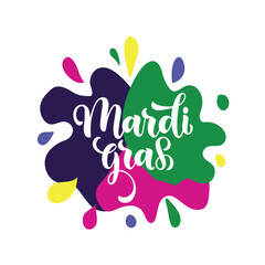 Mardi Gras meaning Fat Tuesday lettering card. Hand drawn text. Modern brush ink calligraphy. Typography design for greeting card, poster, banner. Vector colorful illustration