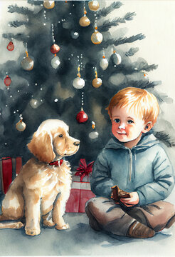 Child and dog. Christmas card. AI render.