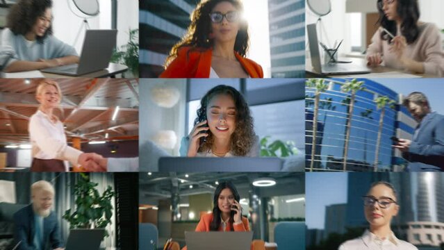 Zoom out portrait young elegant professional business woman in suit using smartphone in modern office. Collage of diverse age, gender business people. Company managers in corporate office, work day 4K