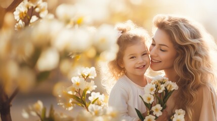 Fototapeta premium Mother and child enjoying a tender moment of reflection on a sunny day with copy space for text. Tender card for mothers day and spring
